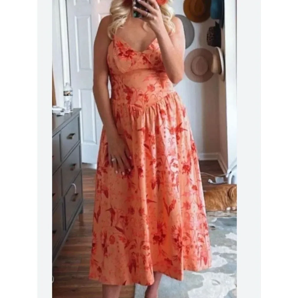 House of Harlow Linen Blend Tropical Floral Midi Dress Large